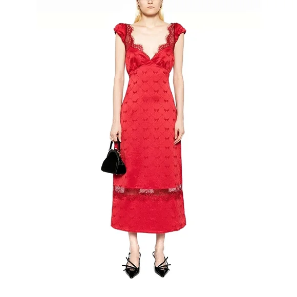 Free People Foolish Heart Bow-Pattern Lace Red Midi Dress - Picture 4 of 13